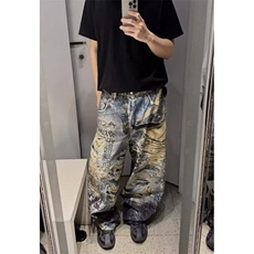 美式复古做旧破洞裤男阔腿裤脏染泼墨涂鸦牛仔长裤原宿N6086，男装休闲裤，星座1116A（原606A-3）