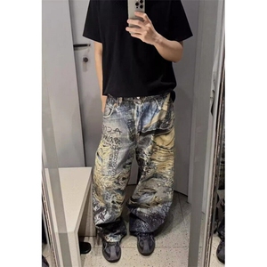 美式复古做旧破洞裤男阔腿裤脏染泼墨涂鸦牛仔长裤原宿 N6086图片