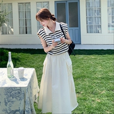 韩系穿搭休闲时尚套装裙女2025夏季新款条纹无袖T恤半身裙两件套，女装套装/套裙，慧尚依恋