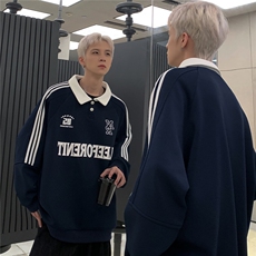 美式学院风拼接polo领卫衣男24新款春秋运动条纹翻领上衣W99-P58，男装卫衣，电商C307