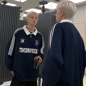 美式学院风拼接polo领卫衣男24新款春秋运动条纹翻领上衣W99-P58图片