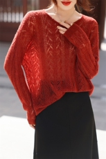 温暖而慵懒舒适百搭丝绒镂空圆领长袖，女装蕾丝衫/雪纺衫，暮绒羊羊绒