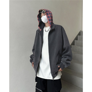 格子拼接连帽卫衣男女款复古潮牌美式高街假两件开衫 CY808 P70图片
