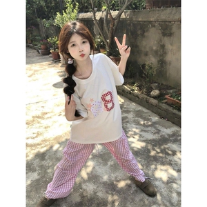 H0791-P35 贴布刺绣螺纹领包边拉肩休闲短袖T恤女图片
