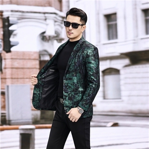 春秋款男士绵羊皮西服真皮休闲外套中年男装百搭通勤夹克绿彩条图片