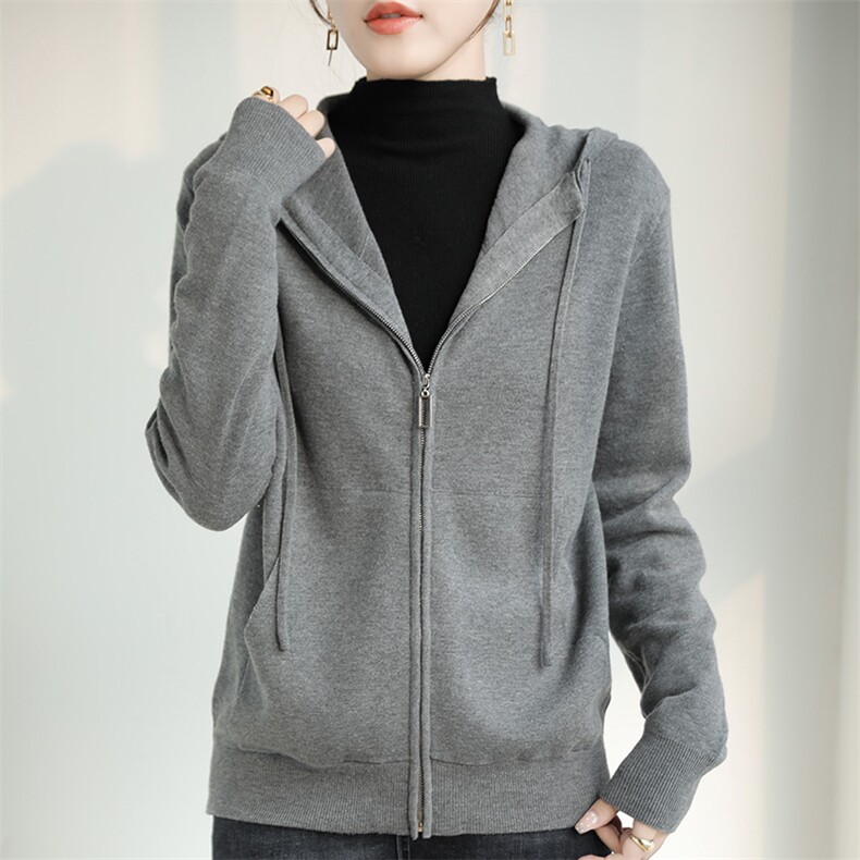 时尚百搭秋冬新款舒适显瘦连帽开衫女长袖宽松外套，女装针织衫/毛衣，特麦惠羊绒