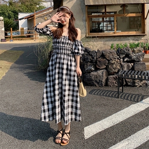 法式复古格纹连衣裙女2024夏季新款高级感减龄收腰显瘦两穿A字裙图片