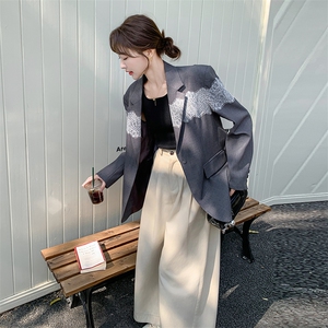 灰色休闲西装套装裙女小个子蕾丝拼接2025春季新款韩系减龄百褶裙图片
