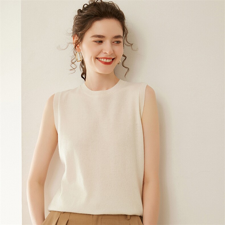 新款优雅百搭圆领无袖针织背心女显瘦修身简约时尚上衣，女装背心吊带，绒默