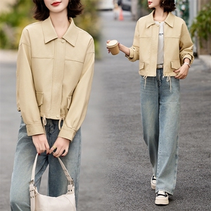 2025春季新款韩版休闲翻领短款皮衣抽绳外套女宽松百搭夹克上衣潮图片