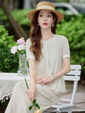 温柔风短袖上衣阔腿裤套装女夏新款松弛感宽松显瘦两件套，女装套装/套裙，水衣源