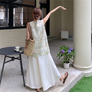 新中式国风印花开叉背心阔腿裤套装女2025夏新款高级感休闲两件套图片