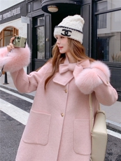 配真狐狸袖毛羊毛大衣-2B72-8638-P310-K398，女装双面呢大衣，乐吉娜