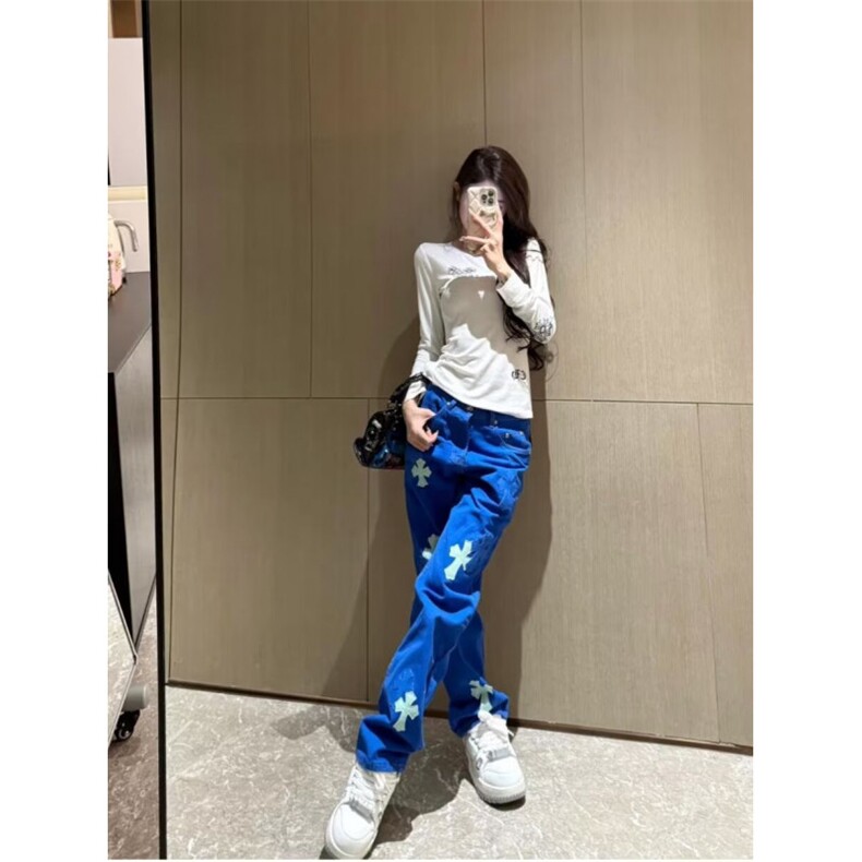 W10266-P60网图现货潮牌时尚潮流微喇冰洗直筒牛仔裤十字架贴皮，男装皮裤，星座1608