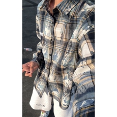 美式扎染条纹格子衬衫男女复古长袖衬衫上衣外套C2245-特价P33，男装衬衫，电商A007