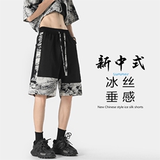 特批P28无差价夏季新中式拼接水墨画短裤冰丝垂感五分裤男DK1861，男装休闲裤，电商A001