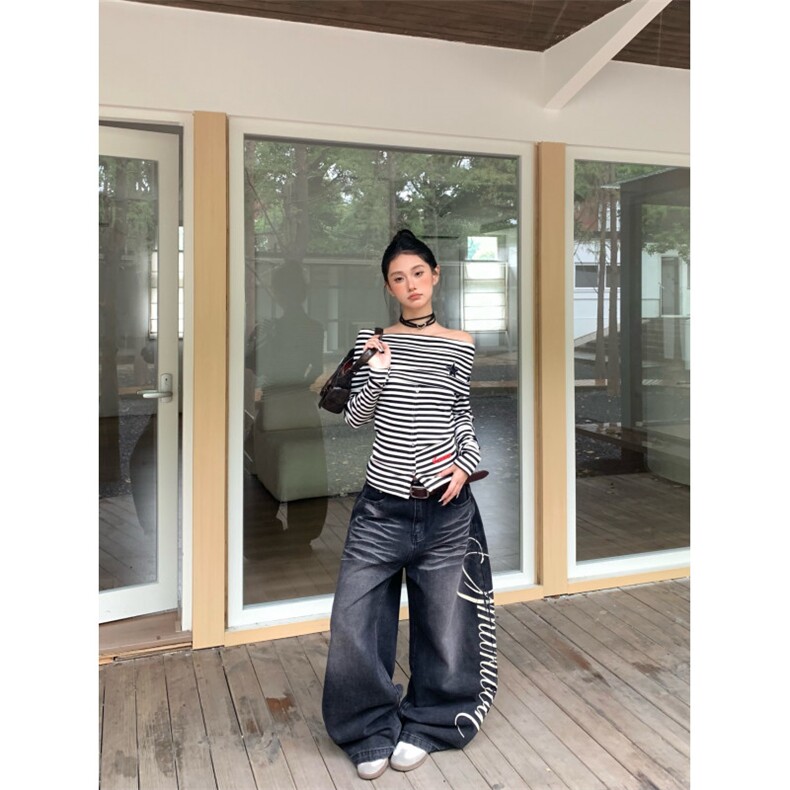 美式高街复古字母印花牛仔裤百搭直筒阔腿拖地裤N01185-P50,男装牛仔裤,星座308B-2