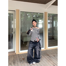 美式高街复古字母印花牛仔裤百搭直筒阔腿拖地裤N01185-P50，男装牛仔裤，星座308B-2