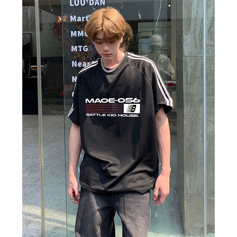 抖音得物高品质二开240克宽松纯棉美式潮牌三条杠织带短袖T恤，男装T恤，电商A486