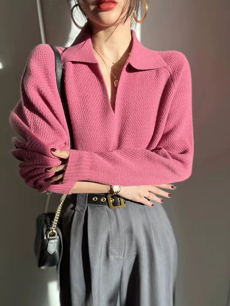 复古POLO领套头女休闲显瘦翻领毛衣秋冬内搭打底,针织衫/毛衣,半城羊绒