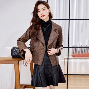 咖色菱形格皮衣外套女2022年秋冬新款欧洲站加绒加厚西装领PU夹克图片