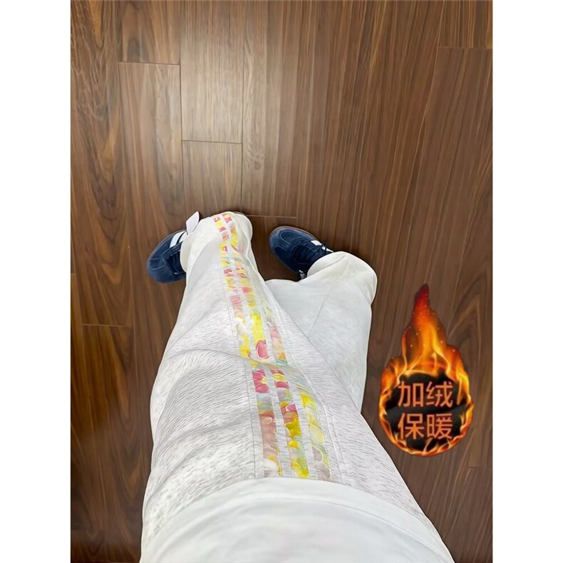 潮彩色花卉三道杠灰色加绒卫裤男秋季高个子青少年篮球运动裤子,男装休闲裤,星座310B-2