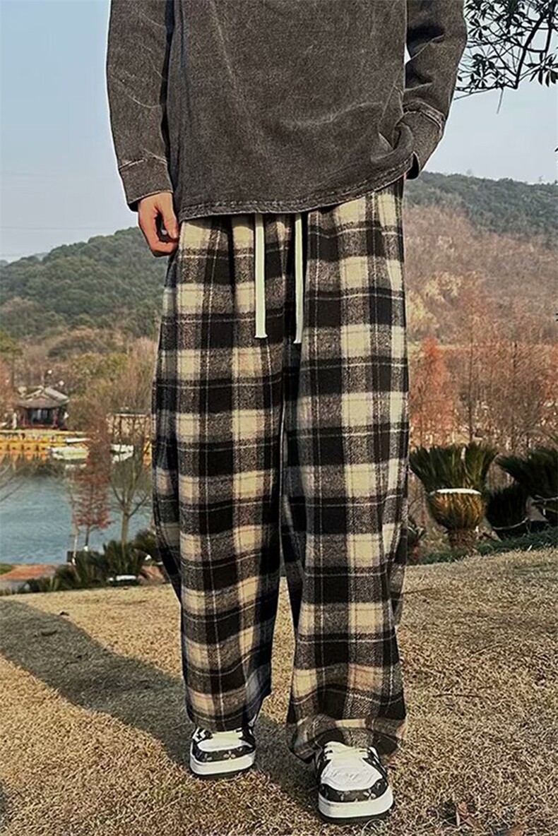 GX370P45红色格子男女休闲裤情侣高腰垂感阔腿裤加厚抽绳直筒长裤,男装休闲裤,星座1108-5