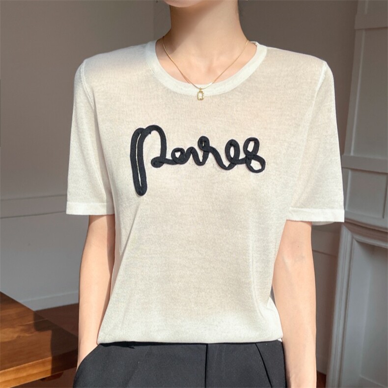 2025夏新款短袖女圆领针织半袖宽松高级感刺绣t恤上衣，女装T恤，雪真羊绒