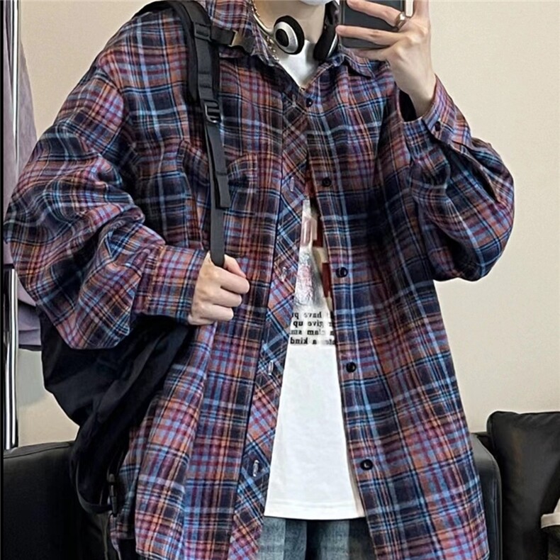 格子衬衫男长袖春秋季新款美式复古高街潮牌休闲宽松翻领衬衣外套，男装衬衫，星座1210-1