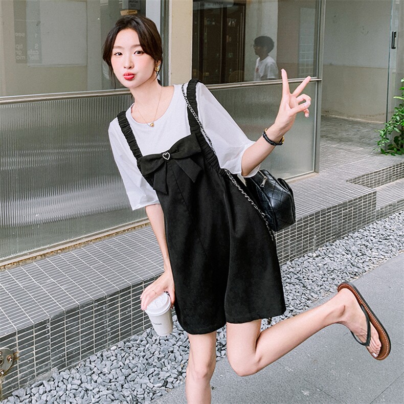 粉色泡泡袖小衫套装女夏2025新款小个子甜美减龄背带裙显瘦两件套,女装套装/套裙,2D078