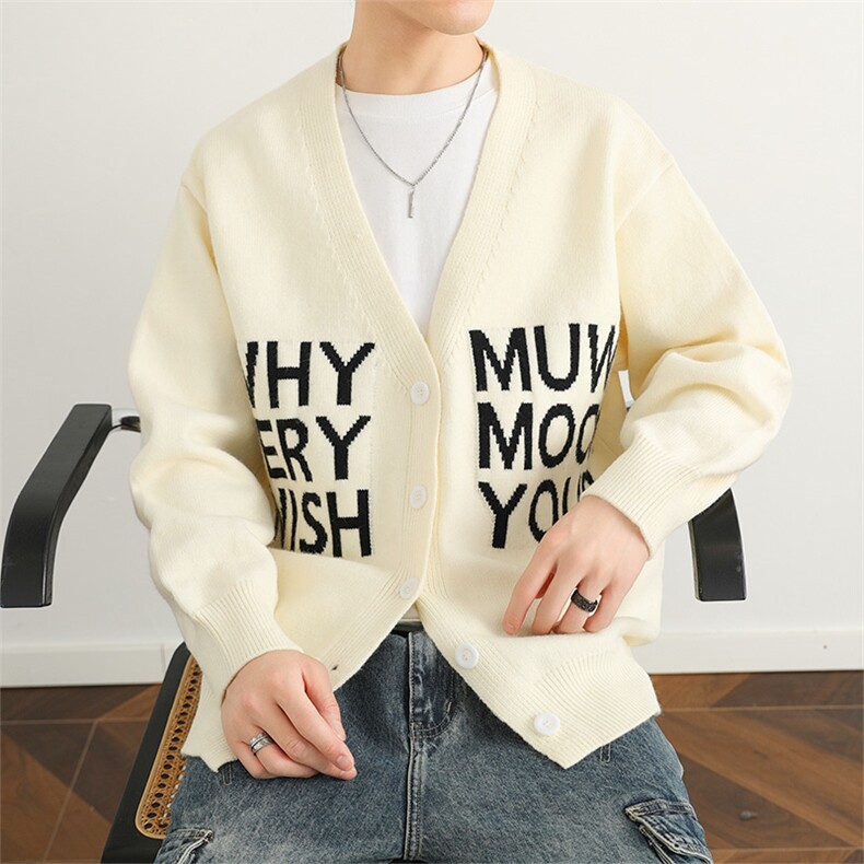 日系潮流V领毛衣2024潮牌宽松针织衫字母印花纽扣开衫MY7005P80，男装针织衫/毛衣，星座914