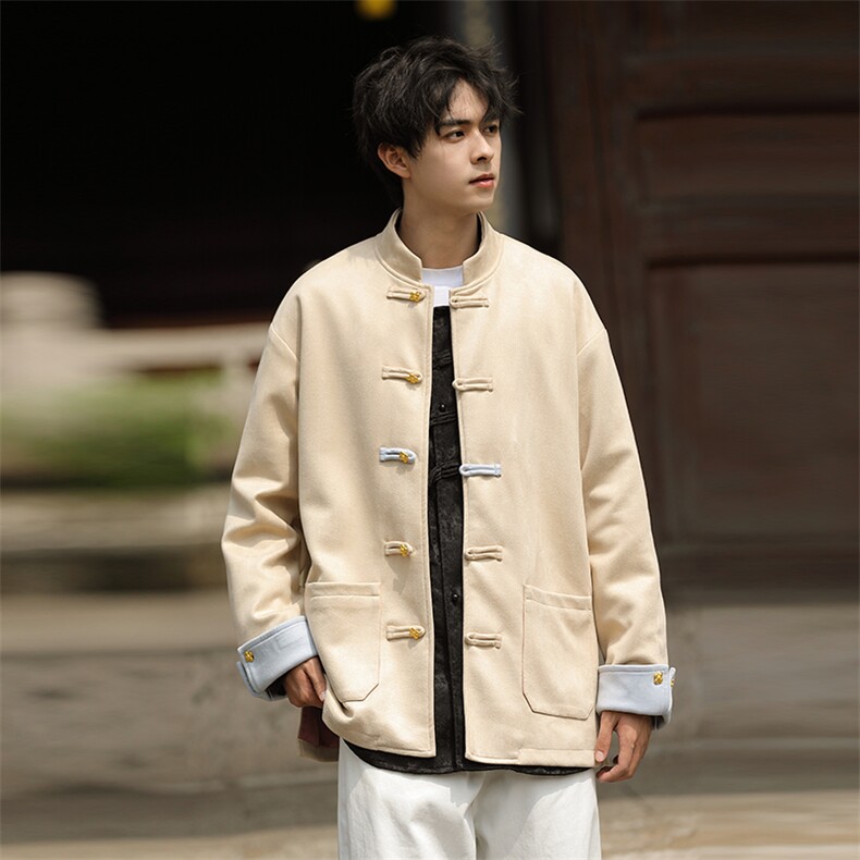 秋冬新品新中式立领鹿皮绒夹克翻袖四叶草扣加厚唐装外套JK109，男装夹克，星座305A（原312A-1）