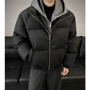 美式假两件pu皮短款棉服男款冬季加厚工装棉袄连帽外套特P85图片