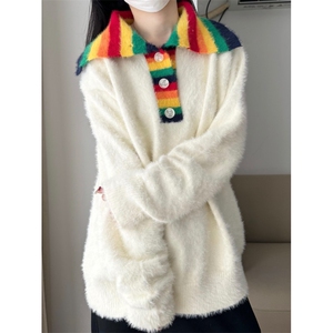 【有货】MY451LL-特P60彩虹高领毛衣男女仿貂毛针织衫外套图片