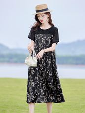 复古印花拼接连衣裙女2025夏新款时尚显瘦宽松休闲慵懒风T恤裙子，女装连衣裙，靓衣阁
