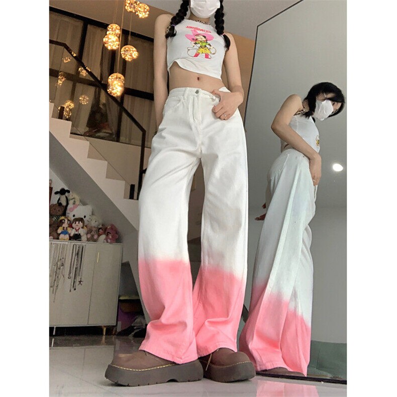 2231-P42渐变直筒牛仔裤高腰宽松显瘦辣妹风扎染粉色裤子，男装牛仔裤，电商A306A