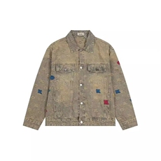 现货美式高街轻奢感法系背面提花翻领水洗做旧毛巾绣宽松牛仔外套，男装工装外套，星座302B-3