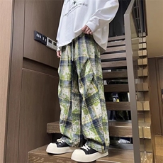 美式复古扎染格子褶皱阔腿休闲裤男春秋季款裤子直筒冰丝休闲裤，男装休闲裤，星座218-1（原230）