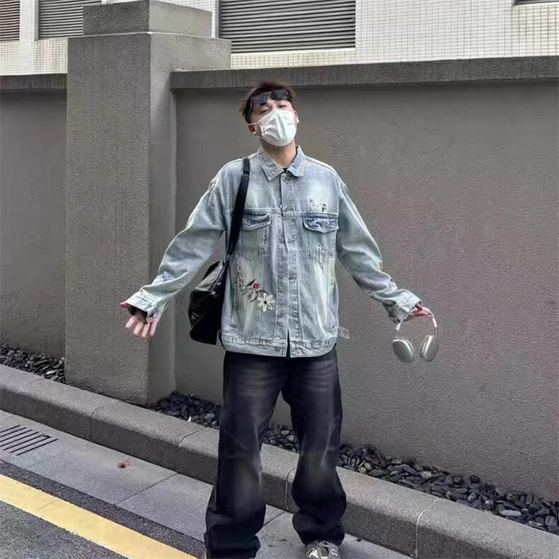 美式复古水洗刺绣牛仔外套男女春秋季潮牌休闲夹克潮J24-P75图片