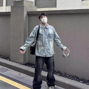 美式复古水洗刺绣牛仔外套男女春秋季潮牌休闲夹克潮J24-P75图片
