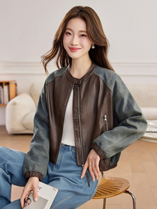 现货牛仔拼接皮衣外套女短款春秋宽松休闲百搭机车夹克上衣小个子图片