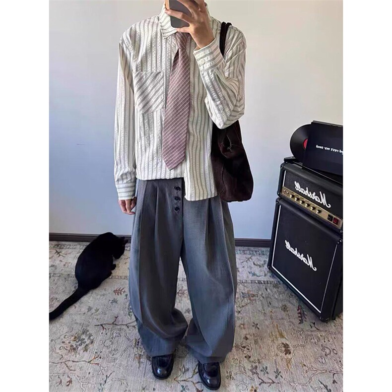 美式潮牌高街复古泡泡纱竖条纹日系肌理长袖衬衫男女休闲宽松衬衣，男装衬衫，电商A443