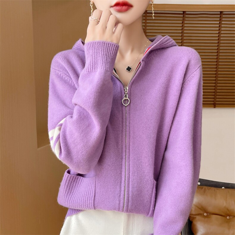 秋冬拼色100%纯羊毛拉链开衫女连帽带兜针织毛衣宽松羊绒外套帽衫，女装羊毛衫，隆格羊绒