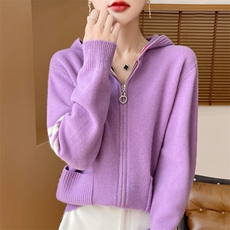 秋冬拼色100%纯羊毛拉链开衫女连帽带兜针织毛衣宽松羊绒外套帽衫，女装羊毛衫，隆格羊绒