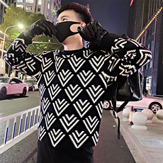 LV145/P98控138冬季社会小伙黑色菱形针织毛衣男图首2，男装针织衫/毛衣，星座305B