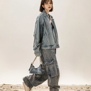 JK8632-P64 美式复古解构毛边水洗牛仔外套图片