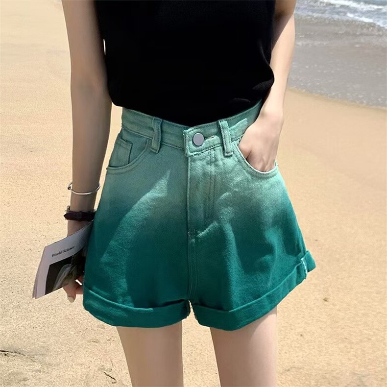 渐变磨白牛仔短裤女夏季宽松休闲百搭高腰a字卷边阔腿热裤,男装牛仔裤,星座1210-1