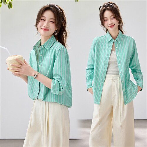 2026春夏新款黄蓝条纹衬衫女宽松显瘦元气少女感衬衣韩系清爽竖条，女装衬衫，艾米