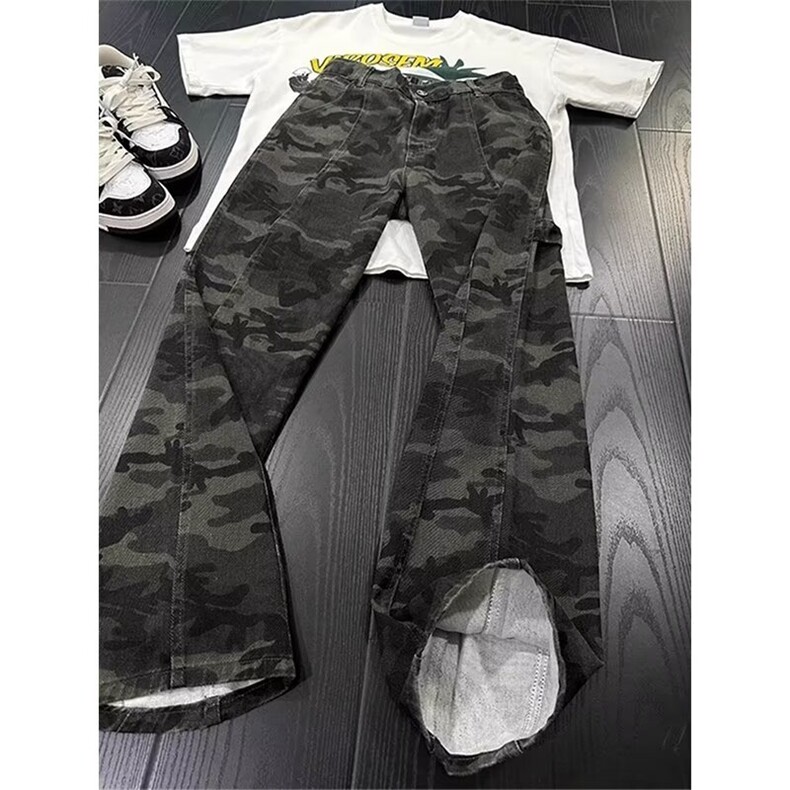 美式高街迷彩裤男款夏季薄款弯刀直筒工装裤子潮牌高腰微喇牛仔裤，男装工装外套，星座513A