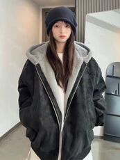 现货(网图)连帽座山雕荔枝纹皮拼兔毛美式情侣外套313B-PM01-P85，女装短外套，星座313B